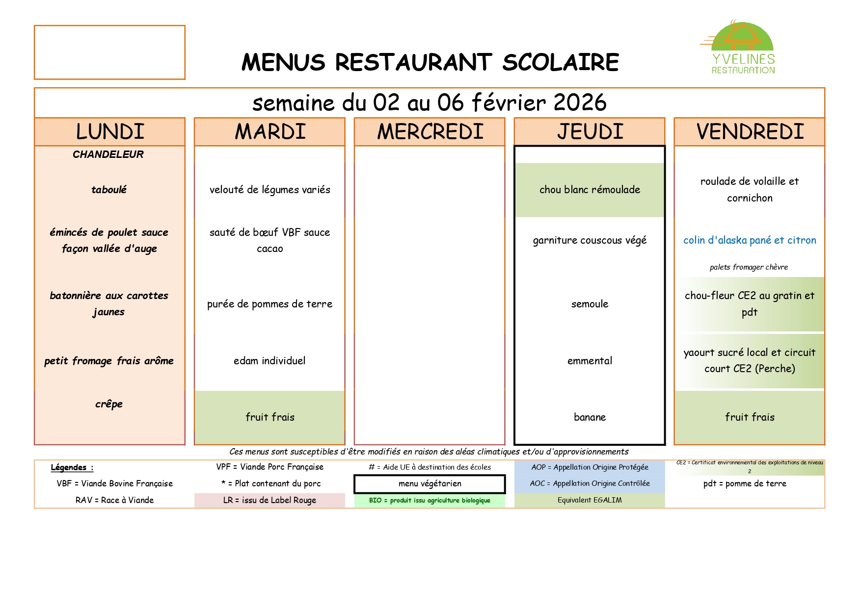 Menu à la une