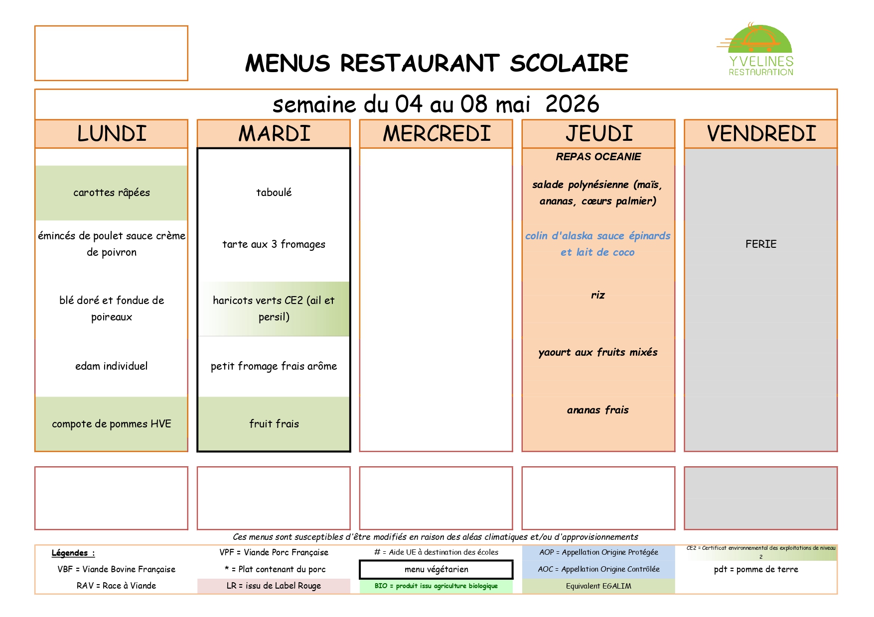 Menu à la une