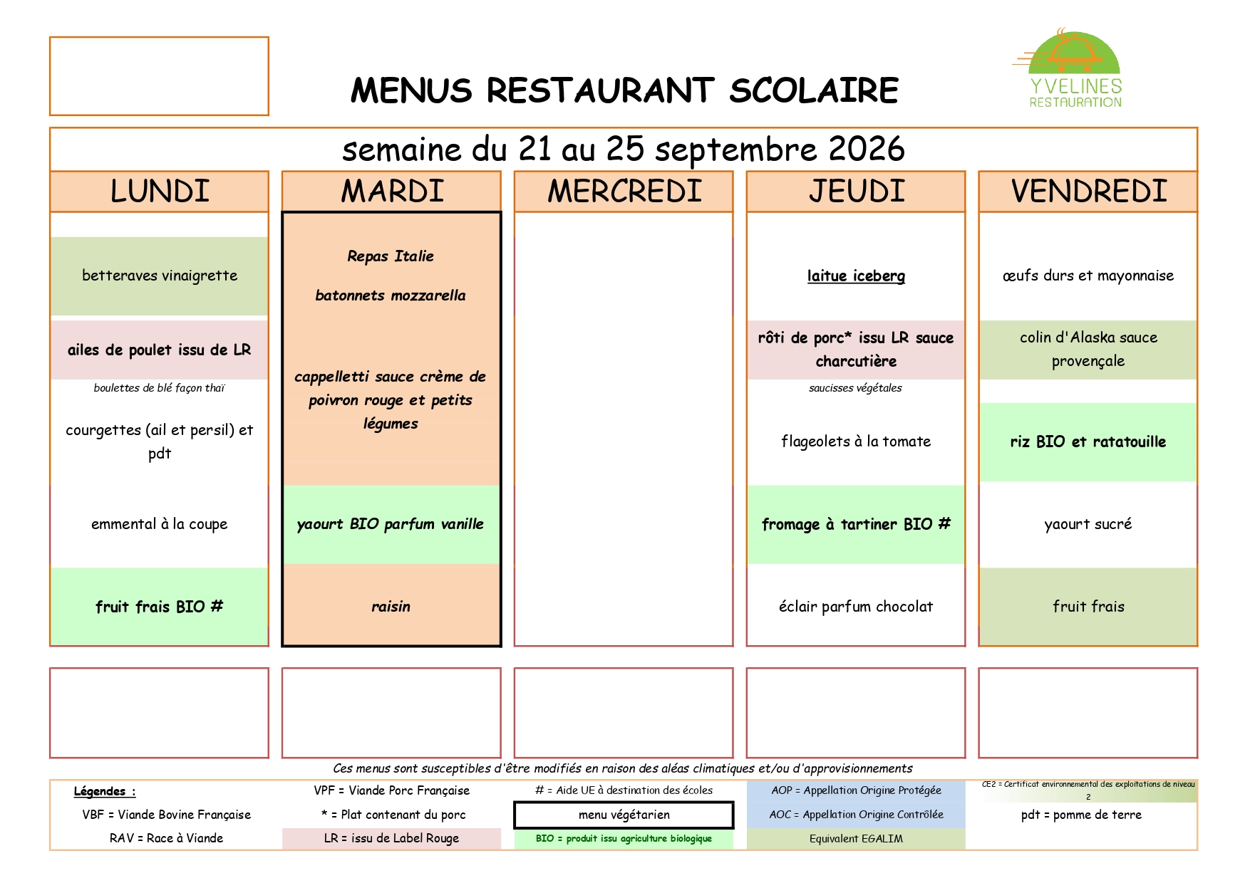 Menu à la une